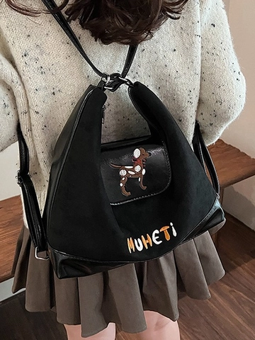 Women Fashion Multi-Functional PU Leather Backpack Vintage Suede Patchwork Shoulder Bag Dog Embroidery Large Capacity Casual Bag