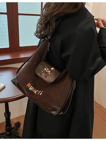 Women Fashion Multi-Functional PU Leather Backpack Vintage Suede Patchwork Shoulder Bag Dog Embroidery Large Capacity Casual Bag