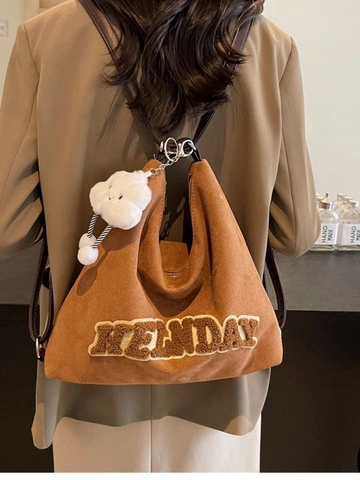 Zaino da Donna in Finta Pelle Scamosciata ad Alta Capacità Borsa a Tracolla Vintage con Patch di Lettere Borsa Tote Multifunzionale
