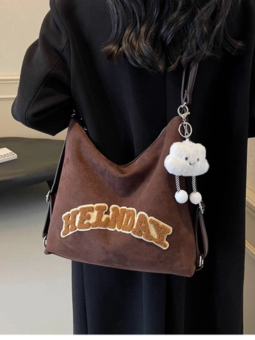 Zaino da Donna in Finta Pelle Scamosciata ad Alta Capacità Borsa a Tracolla Vintage con Patch di Lettere Borsa Tote Multifunzionale