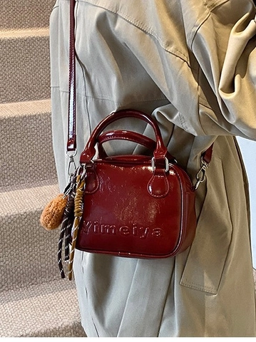 Vintage Glossy PU Leather Square Bag For Women With Bear Keychain Elegant Crossbody Handbag Shoulder Bag Daily Travel