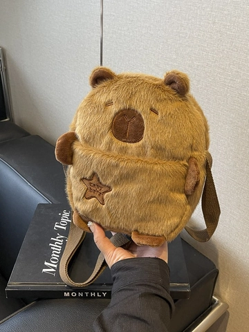 Cute Capybara Plush Crossbody Bag Cartoon Brown Fluffy Water Hog Shoulder Bag With Star Embroidery For Women Girls Gift