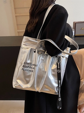 Borsa Tote Grande Capacità Donna in Vernice Lucida Con Stampa Lettere Slogan Moda Pendolare Borsa a Tracolla Per Studenti