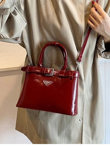 Trendy Women Glossy PU Leather Small Square Crossbody Bag Triangle Logo Top Handle Shoulder Bag Fashion Handbag Daily