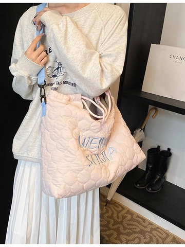 Borsa Shopping Donna Casual Grande Capacità Trapuntata Ricamo Lettera Nylon Borsa a Spalla Leggera Borsa a Tracolla Per Lavoro