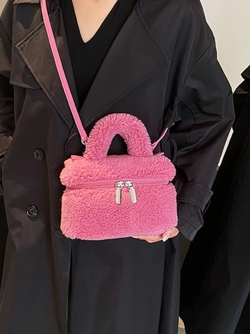 Sac Seau en Fausse Fourrure pour Femmes Mini Sac à Main en Peluche Laine d'Agneau Avec Double Fermeture Éclair Petit Sac à Bandoulière pour Automne Hiver