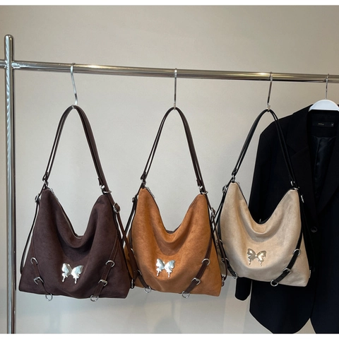 Grand Sac à Épaule en Cuir PU pour Femme Style Hobo Vintage Avec Décoration de Papillon en Métal Sac à Main Décontracté