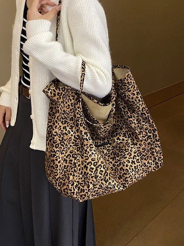 Damen Leopardenmuster Tote Tasche Mit Großer Kapazität Casual Canvas Schultertasche Pendeln Shopping Student Handtasche