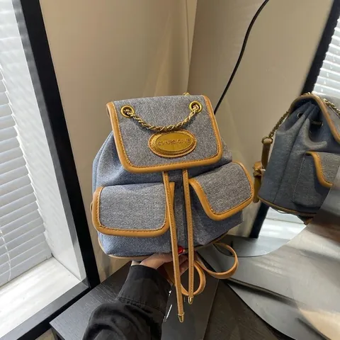 Women Fashion Small Backpack Retro Denim Canvas Mini Schoolbag With Chain Decoration Flap Drawstring Travel Rucksack