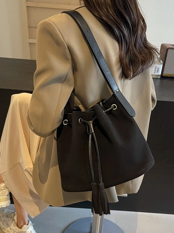 Vintage Suede Texture PU Leather Bucket Bag For Women Fashion Drawstring Tassel Shoulder Bag Retro Minimalist Daily Messenger Bag