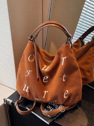 Dames Corduroy Tote Tas Letters Borduurwerk Grote Capaciteit Minimalistisch Schoudertas Multifunctionele Casual Rugzak Handtas