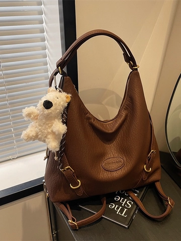 Women Large Capacity PU Leather Backpack Multi-functional Lychee Pattern Shoulder Bag With Bear Pendant Travel Tote Bag