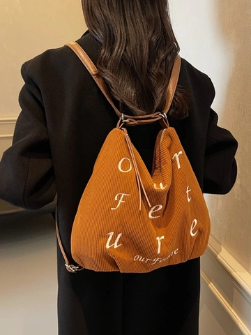 Dames Corduroy Tote Tas Letters Borduurwerk Grote Capaciteit Minimalistisch Schoudertas Multifunctionele Casual Rugzak Handtas