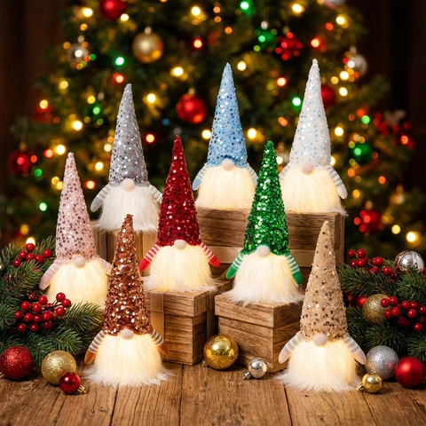 Christmas Glowing Gnome Ornament With Sequins LED Light Faceless Dwarf Plush Doll For Home Window Xmas Party Table Decor