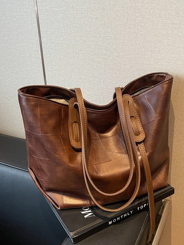 Bolso Tote de Cuero PU para Mujer Gran Capacidad Patchwork Geométrico Bolso de Hombro Vintage Conmutador Bolso Informal Oficina Compras
