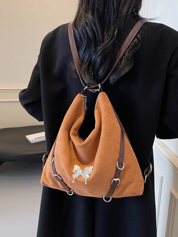Borsa Tote da Donna Grande Capacità in Camoscio Vintage Decorazione Farfalla Metallo Borsa a Spalla PU Versatile Hobo Moda Zaino Pendolare