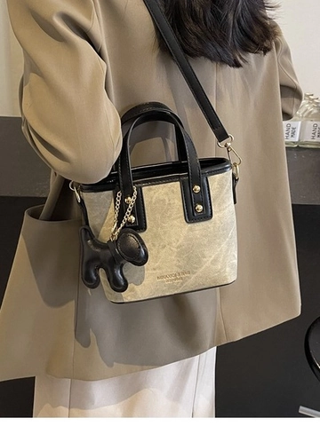 Retro PU Leer Denim Canvas Emmer Tas Voor Vrouwen Vintage Kleine Crossbody Tote Met Hond Bedel Klinknagel Letter Print Schouder Handtas