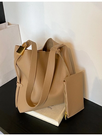 Damen Große Kapazität Tragetasche Litchi Narbung PU Leder Umhängetasche Mit Kleiner Tasche Eimer Hobo Tasche Gold Schloss