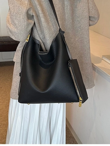Damen Große Kapazität Tragetasche Litchi Narbung PU Leder Umhängetasche Mit Kleiner Tasche Eimer Hobo Tasche Gold Schloss