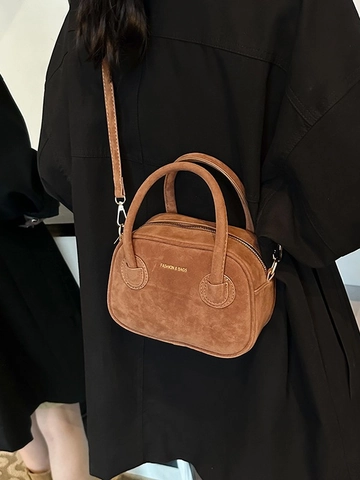 Women Vintage PU Suede Crossbody Bag Frosted Texture Small Square Shoulder Handbag Gold Hardware Fashion Letter Print Daily Casual Bag