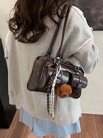 Bolso de Axila de Cuero PU Brillante Vintage para Mujer Bolso de Hombro Boston Retro Con Bolsillos Delanteros Bolso Diario