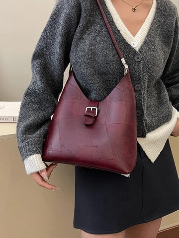 Vintage PU Leather Patchwork Shoulder Bag Women Large Capacity Geometric Stitching Underarm Bag Metal Buckle Retro Handbag
