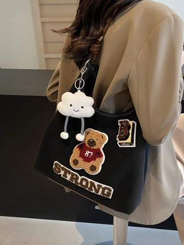 Sac Fourre-tout en Cuir PU Grande Capacité Pour Femmes Avec Patch Broderie Ours Style Rétro Américain Sac à Épaule Pour Navettage Quotidien