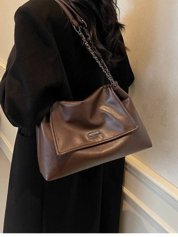 Damen Retro Schultertasche Mit Großer Kapazität Vintage PU Leder Tote Bag Mit Metall Kettenriemen Buchstaben Logo Pendler Handtasche