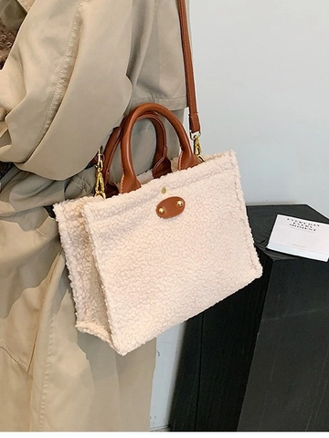 Sac Fourre-Tout en Peluche pour Femmes Fausse Laine d'Agneau Sac à Bandoulière Automne Hiver Décontracté Sac à Main Quotidien