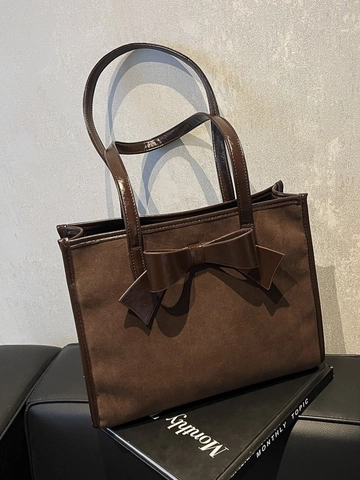 Large Capacity Women Tote Bag Suede Glossy Leather Splicing Bow Knot Vintage Shoulder Bag For Daily Commuting Elegant Handbag