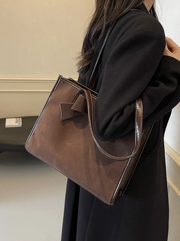 Large Capacity Women Tote Bag Suede Glossy Leather Splicing Bow Knot Vintage Shoulder Bag For Daily Commuting Elegant Handbag