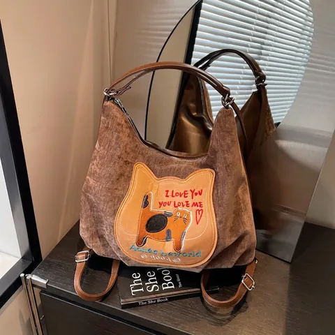 Zaino Retrò In Velluto A Coste Donna Grande Capacità Ricamo Gatto Borsa Tote Spalla Casual Pendolare Scuola Con Spalline In Pelle PU