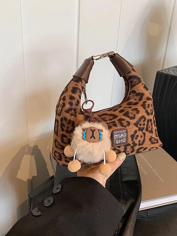 Borsa a Tracolla da Donna con Stampa Leopardata in Pelle PU Peluche Borsa Hobo a Mano Con Ciondolo Agnello Rimovibile Moda