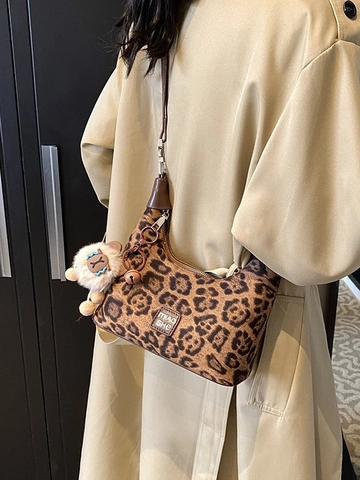 Borsa a Tracolla da Donna con Stampa Leopardata in Pelle PU Peluche Borsa Hobo a Mano Con Ciondolo Agnello Rimovibile Moda