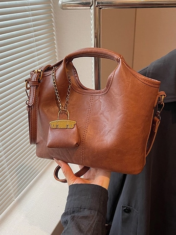 Women Vintage PU Leather Bucket Bag Minimalist Shoulder Crossbody Bag High Sense Light Luxury Handbag With Mini Pouch Pendant Street Trend Tote Bag