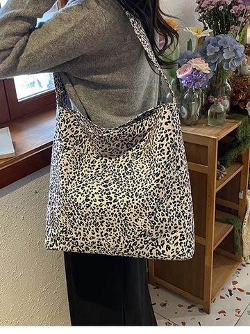 Borsa Tote da Donna Casual con Stampa Leopardata in Tela Grande Capacità Borsa a Tracolla Hobo Moda Retro