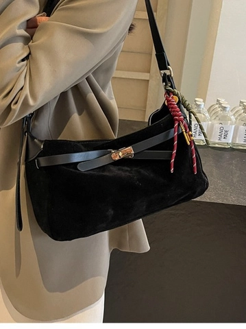 Damen Vintage Wildleder-Optik Umhängetasche Große Kapazität Hobo Tasche Mit Schleife Dekor Goldenem Verschluss Und Schlüsselanhänger