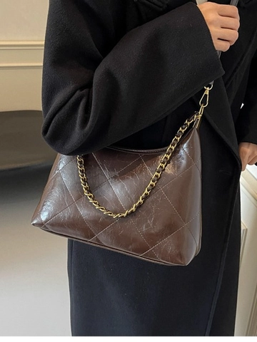 Women Vintage Rhombic Quilted PU Leather Shoulder Bag Large Capacity Gold Chain Dumpling Crossbody Bag For Daily Commute