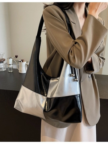 Borsa a Spalla da Donna Moderna Con Patchwork Nero Argento a Contrasto in Pelle PU Lucida Con Grande Capacità per Uso Quotidiano e Moda