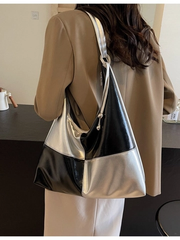 Borsa a Spalla da Donna Moderna Con Patchwork Nero Argento a Contrasto in Pelle PU Lucida Con Grande Capacità per Uso Quotidiano e Moda