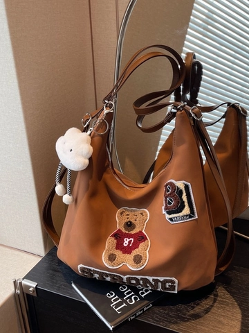 Large Capacity PU Leather Women Hobo Tote Bag Vintage Varsity Teddy Bear Embroidered Shoulder Bag With Cloud Plush Pendant