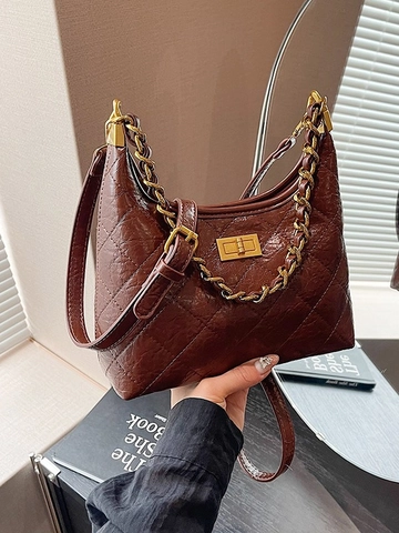 Bolso Bajo el Brazo Acolchado para Mujer Piel Sintética Brillante Bolso de Hombro Con Cadena Dorada y Cierre de Giro Hobo