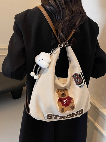 Large Capacity PU Leather Women Hobo Tote Bag Vintage Varsity Teddy Bear Embroidered Shoulder Bag With Cloud Plush Pendant