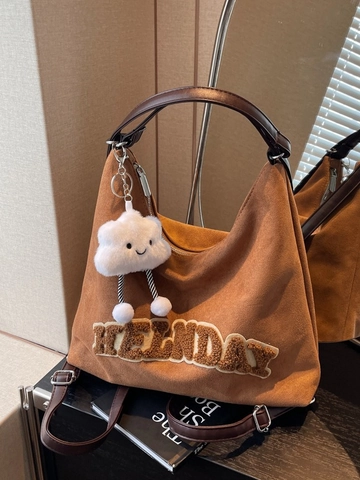 Women Large Capacity Hobo Shoulder Bag With Cloud Pendant Suede Look Letter Embroidery Tote Crossbody Bag For Travel