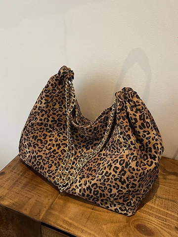 Bolso Tote de Gran Capacidad con Estampado de Leopardo para Mujer Bolso de Hombro de Lona con Cadena de Metal Pliegues con Cordón