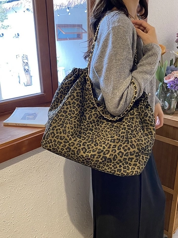 Bolso Tote de Gran Capacidad con Estampado de Leopardo para Mujer Bolso de Hombro de Lona con Cadena de Metal Pliegues con Cordón