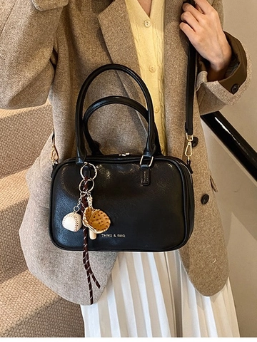 Women Vintage PU Leather Boston Bag Large Capacity Pillow Shoulder Crossbody Handbag With Baseball Charm For Casual Daily Fashion