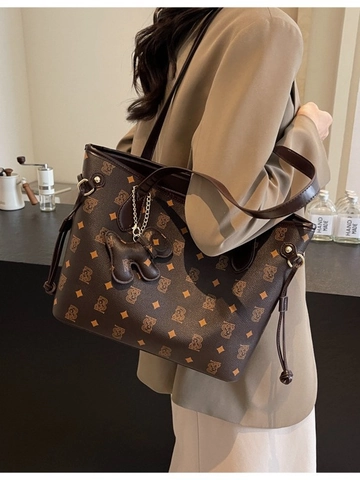 Fashion PU Leather Tote Bag Large Capacity Monogram Print Bear Pattern Shoulder Bag Office Travel Women Handbag