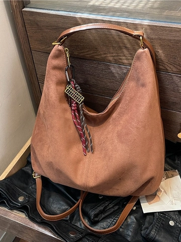Women Vintage Suede Finish PU Leather Hobo Backpack Large Capacity Shoulder Bag Casual Travel Commute Daypack For Ladies