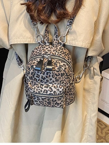 Mini Sac à Dos de Mode pour Femmes Imprimé Léopard Décontracté Voyage en Cuir PU Petit Daypack Avec Décoration de Nœud